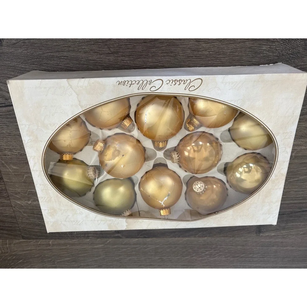 Vintage Classic Collection Gold Glass Ball Christmas Ornaments Set of 12